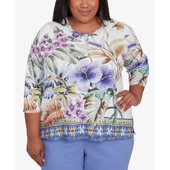 Alfred Dunner Plus Size Santa Fe Tropical Floral Border Top, Aloe Multi