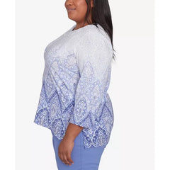 Alfred Dunner Plus Size Santa Fe Ombre Medallion Crew Neck Printed Top, Iris