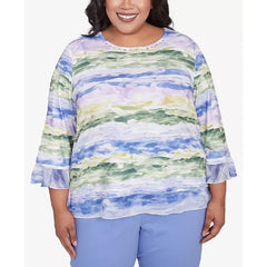 Alfred Dunner Plus Size Santa Fe Watercolor Biadere Striped Crew Neck Top, Iris Multi