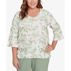 Alfred Dunner Plus Size Santa Fe Embroidered Floral Vines Cotton Top, Aloe, Size 1X