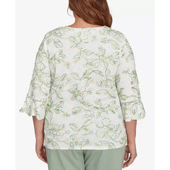 Alfred Dunner Plus Size Santa Fe Embroidered Floral Vines Cotton Top, Aloe, Size 1X