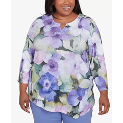 Alfred Dunner Plus Size Santa Fe Dramatic Pansies Floral Print Top, Iris Multi