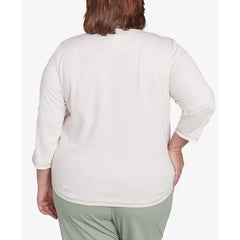 Alfred Dunner Plus Size Santa Fe Asymmetric Butterfly Floral Embroidered Top, Oatmeal