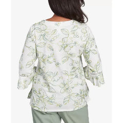 Alfred Dunner Petite Santa Fe Embroidered Floral Vines Cotton Top , Aloe