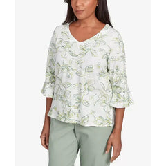 Alfred Dunner Petite Santa Fe Embroidered Floral Vines Cotton Top , Aloe