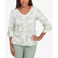 Alfred Dunner Petite Santa Fe Embroidered Floral Vines Cotton Top , Aloe