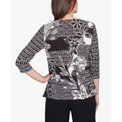 Alfred Dunner Petite Natural Instinct Monotone Patch Beaded Split Neck Top, Black Multi