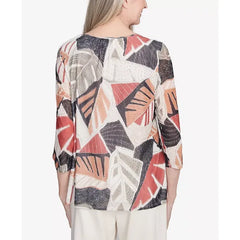Alfred Dunner Petite Natural Instinct Tropical Mesh Top With Necklace, Neutral Multi