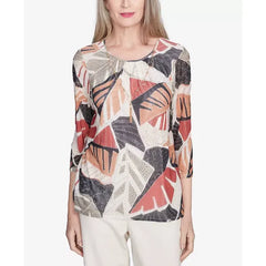 Alfred Dunner Petite Natural Instinct Tropical Mesh Top With Necklace, Neutral Multi