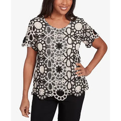 Alfred Dunner Petite Natural Instinct Crochet Flower Tee, Neutral Multi, Size PM
