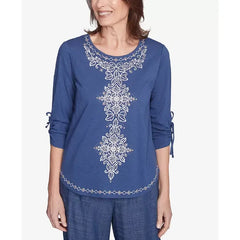 Alfred Dunner Petite Summer Solstice Embroidery Centered Tie Sleeve Top, Blueberry