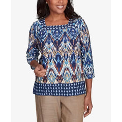 Alfred Dunner Petite Summer Solstice Ikat Diamond Border Square Neck Top, Navy Multi