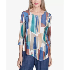 Alfred Dunner Petite Summer Solstice Abstract Stained Glass Crew Neck Top, Navy Multi