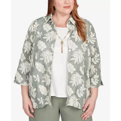 Alfred Dunner Plus Size Soutache Leaf Top with Necklace, Olive