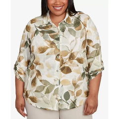 Alfred Dunner Plus Size Leaf Button Top, Olive Multi
