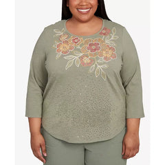 Alfred Dunner Plus Size Sequin Floral Top, Olive