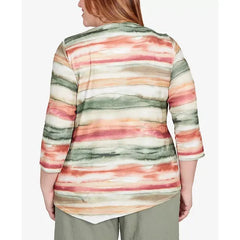 Alfred Dunner Plus Size Watercolor Stripe Top, Olive Multi