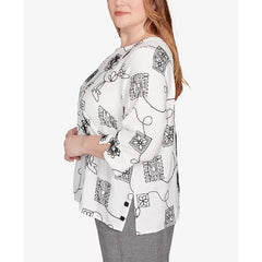 Alfred Dunner Plus Size Floral Embroidered Top for Women, Casual Elegant All Day Comfort, Ivory