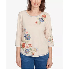 Alfred Dunner Petite El Paso Asymmetrical Floral Embroidered Top, Oatmeal