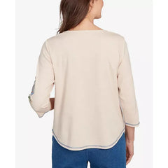 Alfred Dunner Petite El Paso Asymmetrical Floral Embroidered Top, Oatmeal