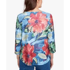 Alfred Dunner Petite El Paso Dramatic V-Neck Floral Top , Blue Multi