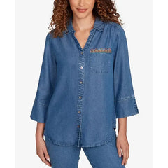 Alfred Dunner Petite El Paso Embroidered Butterfly Button Front Top, Blue