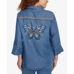 Alfred Dunner Petite El Paso Embroidered Butterfly Button Front Top, Blue