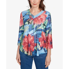 Alfred Dunner Petite El Paso Dramatic V-Neck Floral Top , Blue Multi