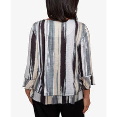 Alfred Dunner Petite Santa Barbara Etched Stripe Bell Sleeve Crew Neck Top, Black Multi