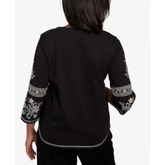 Alfred Dunner Petite Santa Barbara Beaded Neck Embroidered Sleeve Top, Black