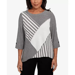 Alfred Dunner Petite Santa Barbara Diagonal Spliced Stripe Top, Grey