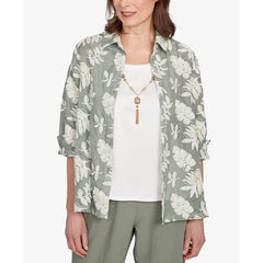 Alfred Dunner Petite Copper Canyon Soutache Leaf Two In One Collated Top with Necklace, Olive