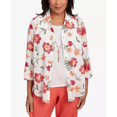 Alfred Dunner Petite Catalina Island Bright Floral Two in One Collared Neckline Top, White
