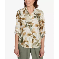 Alfred Dunner Women's Copper Canyon Knit Leaf Button Front Top, Olive Multi