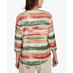 Alfred Dunner Women's Copper Canyon Watercolor Stripe Top, Olive Multi