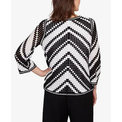 Alfred Dunner Women's Santa Barbara Chevron Crochet Bell Sleeve Top, Black