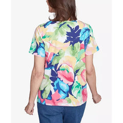 Alfred Dunner Petite Tropical Leaf Split Beaded Neck Top, Bright