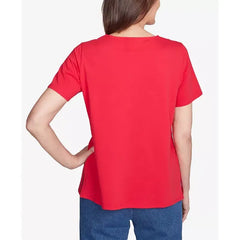 Alfred Dunner Petite Dazzling Shooting Stars with Beaded Split Neck Top, Red