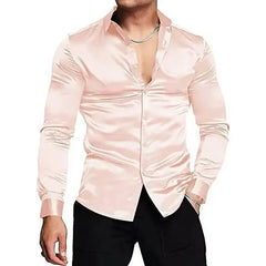 Mens Silk Shirts Long Sleeve-Luxury Shiny Silk Satin Party Dress Shirt Button Up Casual Muscle Fit for Men