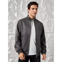 Suede High Neck Zip Through Jacket - Gray