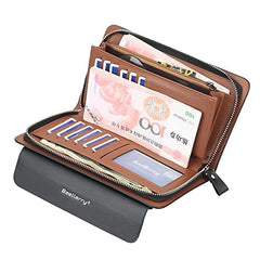 Men's Long Leather Cellphone Clutch Wallet Purse for Men Large Travel Business Handbag Cell Phone Holster Card Holder Case Gift for Father Son Husband Boyfriend (BROWN)