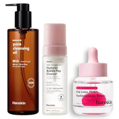 Hanskin Oil Control Reset & PDRN Glow System BHA Cleansing Oil, Bubble Pop Cleanser & Vegan PDRN Serum 3 Step Sebum Control, Deep Cleansing & Plumping Hydration Routine Korean Skincare Set