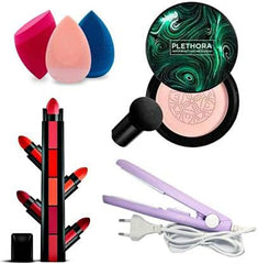 Plethora 3 in 1 Air Cushion Mushroom Head CC Cream Foundation & Mini Hair Straightener & 5 Step Mate Lipstick & 3 Pcs Spounge Puff (12 Items in the set)
