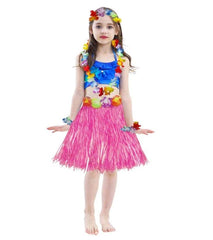 Hawaiian Grass Hula Skirt with Flower Costume Set for Girls Luau Party Hawaiian Garland Costume for Dance Performance Hawaiian Theme Party Beach Party Celebration Decorations (pink)