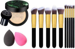 PUKA Air Cushion Mushroom BB & CC Cream Foundation Waterproof Liquid Foundation 2 Beauty Blender puff 10 Pcs Black Golden Makeup Brush Set