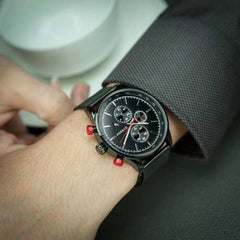 CURREN Men's Chrono Watch Black Stainless Steel Case Black Dial 3 Subdial Calendar Window Black Stainless Steel Bracelet