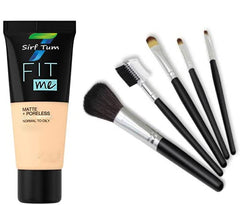 SIRF TUM 7 Beauty New Fit Me Matte-Poreless Liquid Tube Foundation Natural-MAKEUP BRUSH 5PCS BLACK COMBO
