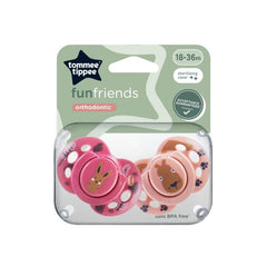 Tommee Tippee Fun Friends Soothers, Symmetrical Orthodontic Design, BPA-Free Silicone Baglet, Includes Steriliser Box, 18-36m, Pack of 2