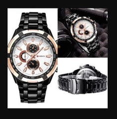 CURREN Men's Chrono Watch Stainless Steel Rose Gold Bezel Case White Dial 3 Subdials Black Stainless Steel Case