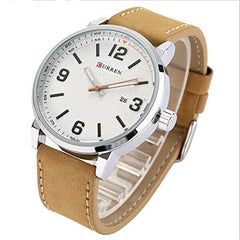 Curren 8218 Leather Round Analog With Date Display Brown, White Watch for Men - Brown